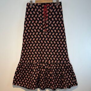 Vintage Sears Black Maxi Skirt with Red Floral Pattern size large